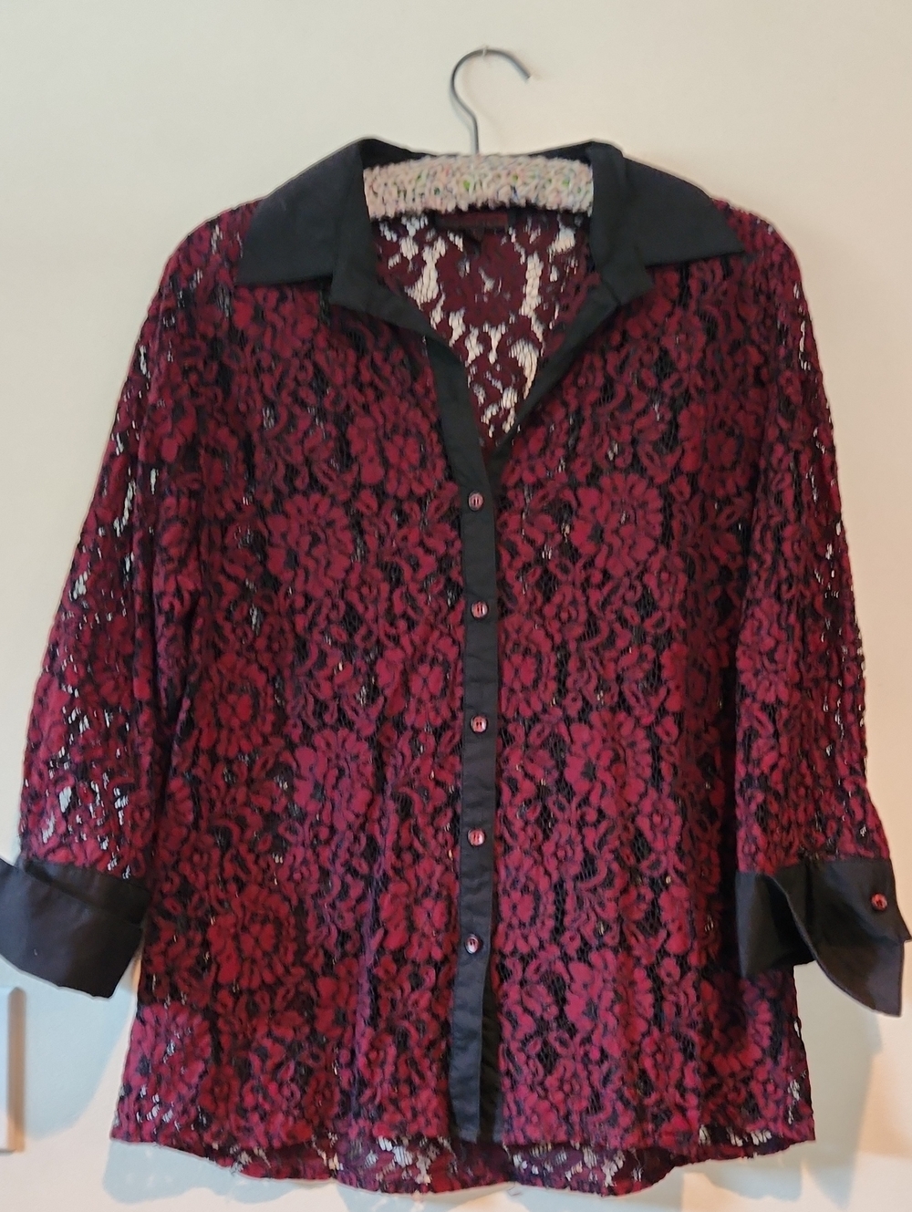 Women's Burgundy Lace Button-Front Shirt with Black Trim